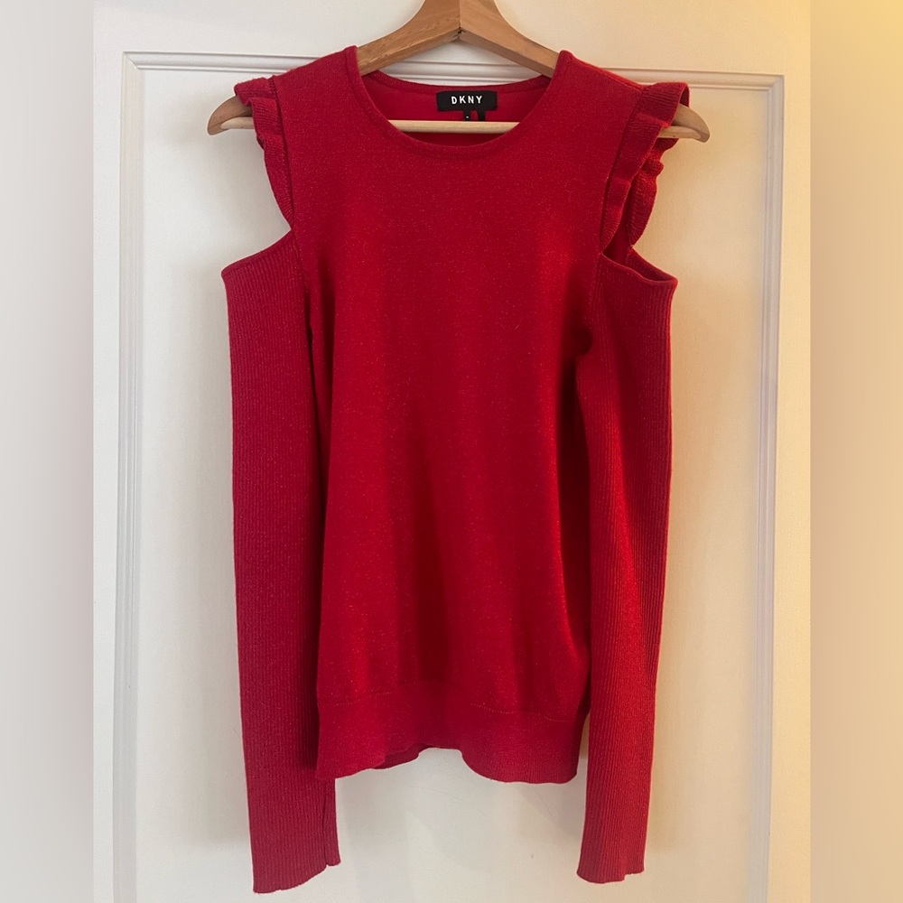 DKNY red cut-out shoulder holiday sweater
